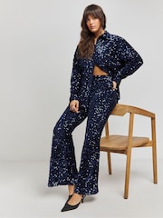Simply Be Navy Velvet Sequin Flared Trousers - Image 1 of 4
