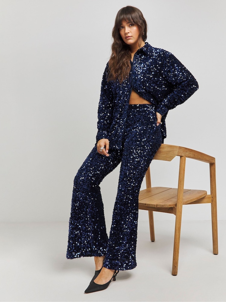 Simply Be Navy Velvet Sequin Flared Trousers - Image 1 of 4