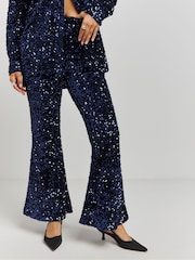 Simply Be Navy Velvet Sequin Flared Trousers - Image 3 of 4