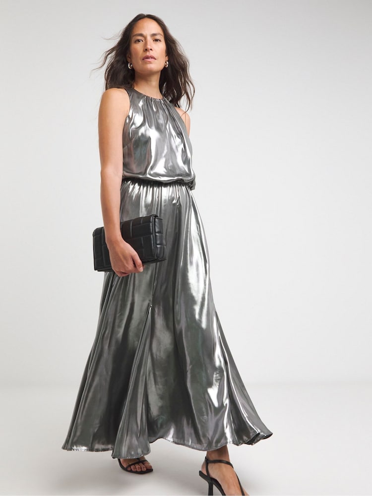 JD Williams Silver Liquid Sleeveless Godet Maxi Dress - Image 1 of 4