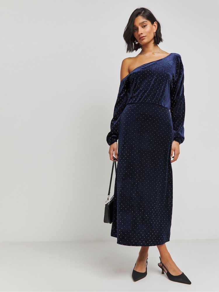 Simply Be Blue Velour Hotfix Draped Midaxi Dress - Image 1 of 4