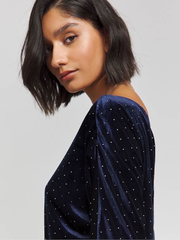 Simply Be Blue Velour Hotfix Draped Midaxi Dress - Image 4 of 4