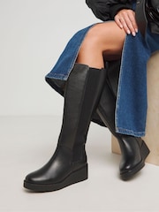 JD Williams Black Wedge Knee High Leather Chelsea Boots in Wide Fit - Image 1 of 4