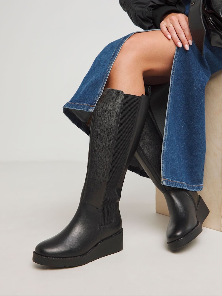JD Williams Black Wedge Knee High Leather Chelsea Boots in Wide Fit - Image 1 of 4