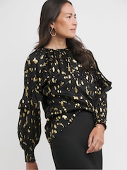 JD Williams Black Gold Foil Print Satin High Neck Ruffle Raglan Sleeve Blouse - Image 1 of 4