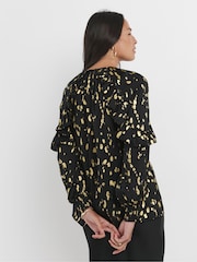 JD Williams Black Gold Foil Print Satin High Neck Ruffle Raglan Sleeve Blouse - Image 2 of 4