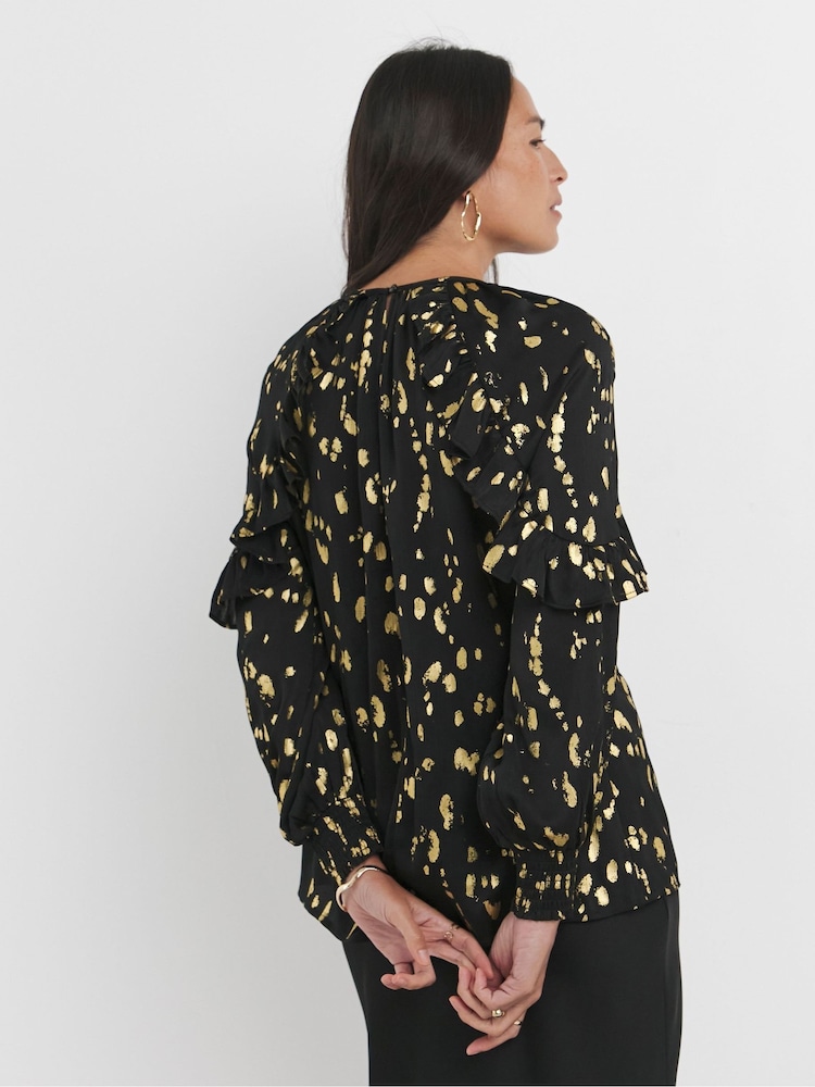 JD Williams Black Gold Foil Print Satin High Neck Ruffle Raglan Sleeve Blouse - Image 2 of 4 JD Williams Black Gold Foil Print Satin High Neck Ruffle Raglan Sleeve Blouse - Image 2 of 4