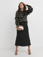 JD Williams Black Gold Foil Print Satin High Neck Ruffle Raglan Sleeve Blouse - Image 3 of 4