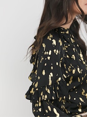 JD Williams Black Gold Foil Print Satin High Neck Ruffle Raglan Sleeve Blouse - Image 4 of 4