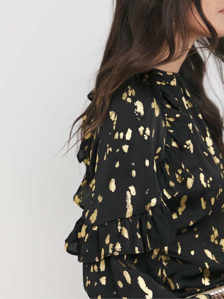 JD Williams Black Gold Foil Print Satin High Neck Ruffle Raglan Sleeve Blouse - Image 4 of 4