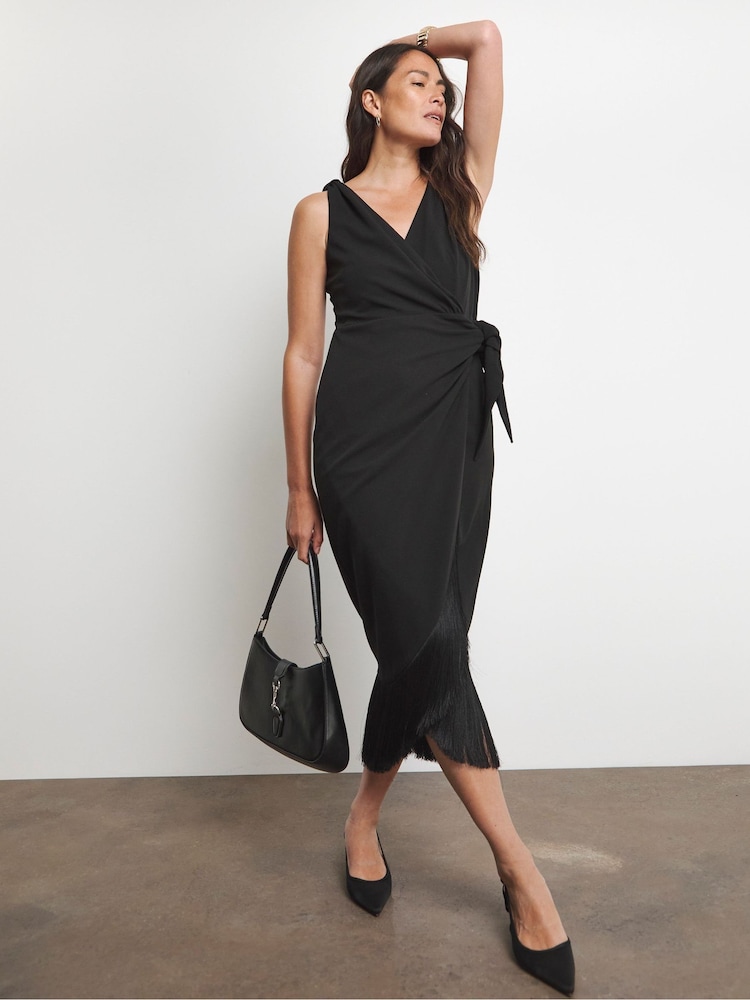 Joanna Hope Wrap Black Dress With Fringing - Image 1 of 4
