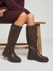 Simply Be Casual Double Buckle Detail Knee High Boots In Wide Fit - Image 1 of 4