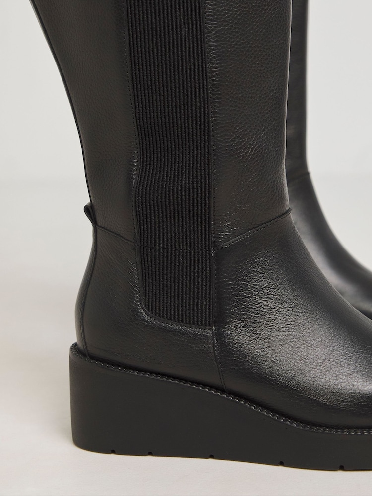 JD Williams Black Wedge Knee High Leather Chelsea Boots in Extra Wide Fit - Image 4 of 4