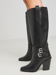 Simply Be Black Western Knee High Heeled Boots In Wide Fit - Image 1 of 4