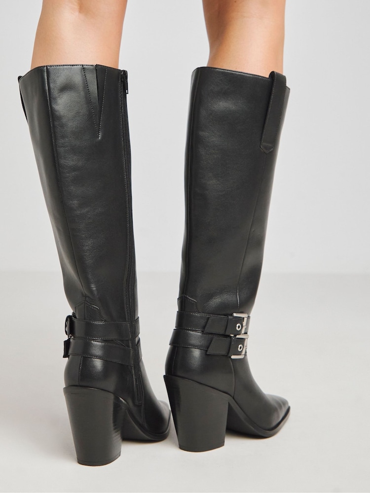 Simply Be Black Western Knee High Heeled Boots In Wide Fit - Image 2 of 4