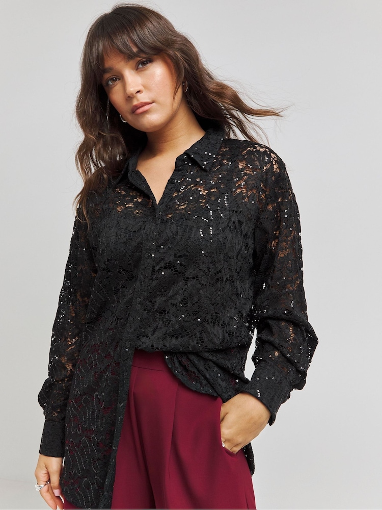 Simply Be Black Sequin Lace Shirt - Image 1 of 4