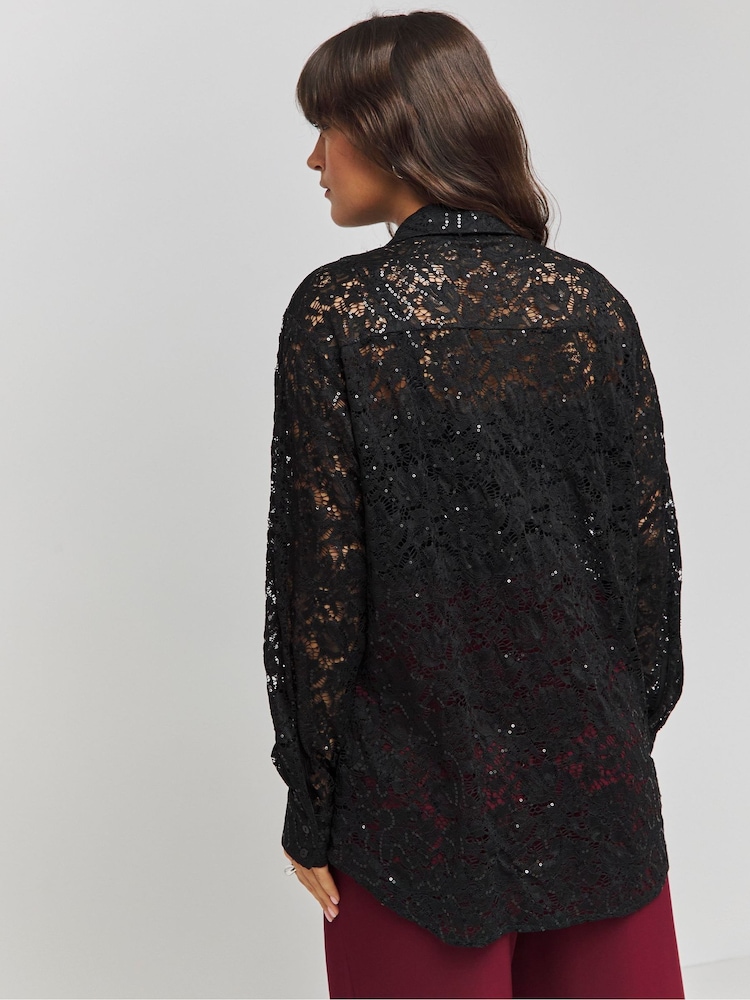 Simply Be Black Sequin Lace Shirt - Image 2 of 4