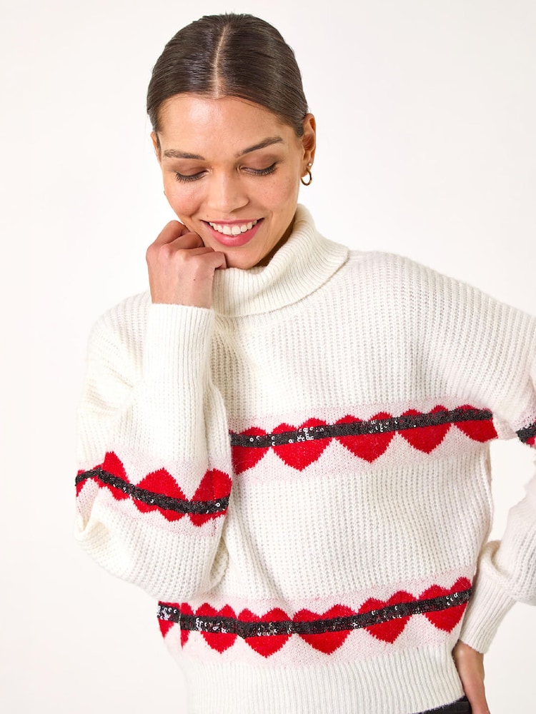 Roman White Stripe Heart Cowl Neck Knit Jumper - Image 1 of 4 Roman White Stripe Heart Cowl Neck Knit Jumper - Image 1 of 4