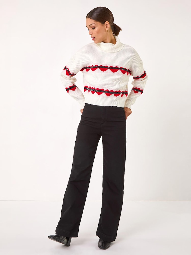 Roman White Stripe Heart Cowl Neck Knit Jumper - Image 2 of 4 Roman White Stripe Heart Cowl Neck Knit Jumper - Image 2 of 4