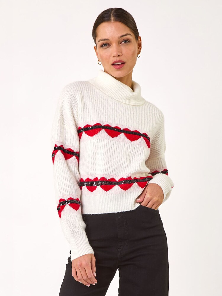 Roman White Stripe Heart Cowl Neck Knit Jumper - Image 4 of 4 Roman White Stripe Heart Cowl Neck Knit Jumper - Image 4 of 4