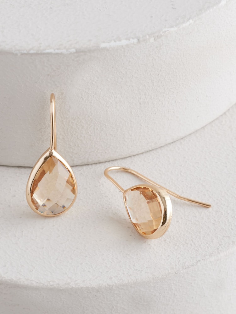 Champagne Gold Tone Teardrop Blue Stone Earrings - Image 2 of 4