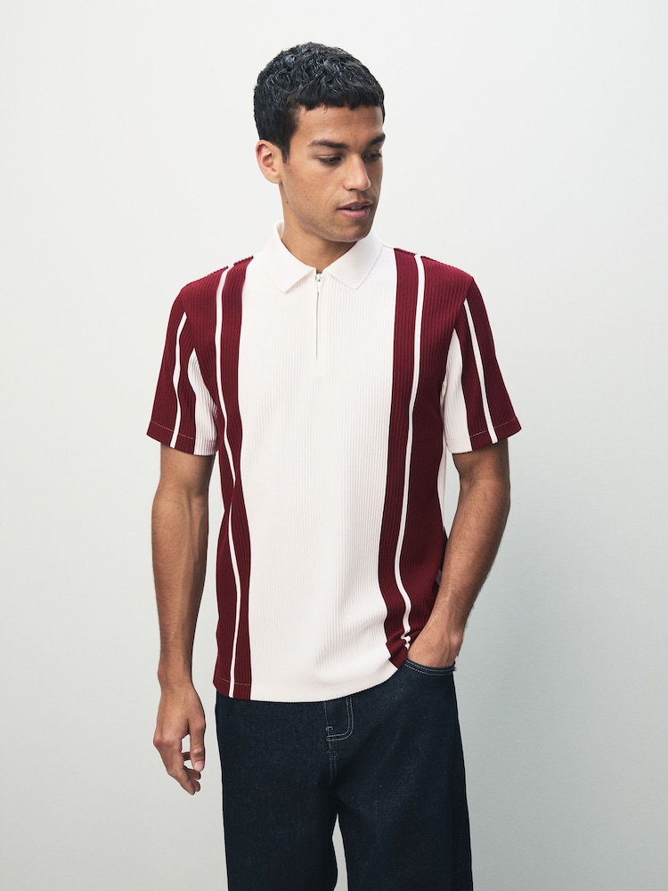 Burg/White Vertical Stripe Quarter Zip Polo Shirt - Image 1 of 7