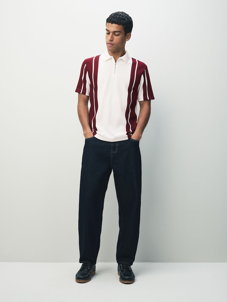 Burg/White Vertical Stripe Quarter Zip Polo Shirt - Image 2 of 7