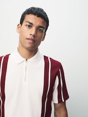 Burg/White Vertical Stripe Quarter Zip Polo Shirt - Image 3 of 7