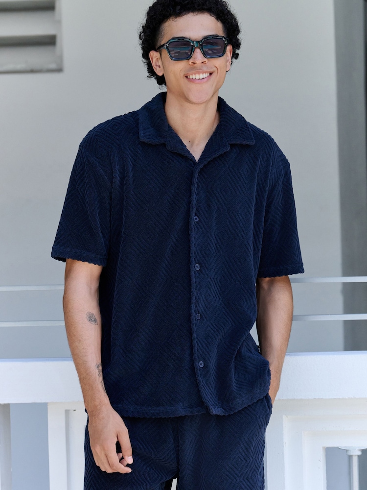 Navy Textured Towelling Shirt - Image 1 of 10