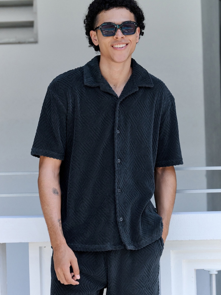 Navy Blue Textured Towelling Shirt - Image 1 of 7 Navy Blue Textured Towelling Shirt - Image 1 of 7