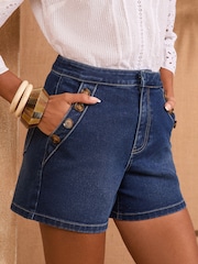 Love & Roses Indigo Blue Denim Sailor Button Detail Shorts - Image 1 of 4