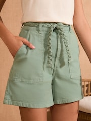 Love & Roses Khaki Green Plait Belted Denim Shorts - Image 1 of 4