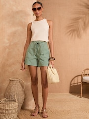 Love & Roses Khaki Green Plait Belted Denim Shorts - Image 2 of 4