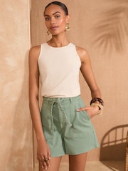 Love & Roses Khaki Green Plait Belted Denim Shorts - Image 3 of 4