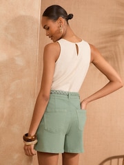 Love & Roses Khaki Green Plait Belted Denim Shorts - Image 4 of 4