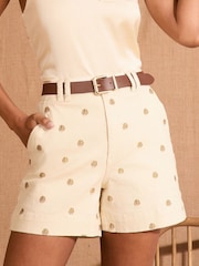 Love & Roses Ecru With Gold Shell Embroidery Tailored Denim Shorts - Image 1 of 5