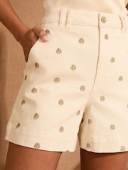 Love & Roses Ecru With Gold Shell Embroidery Tailored Denim Shorts - Image 2 of 5