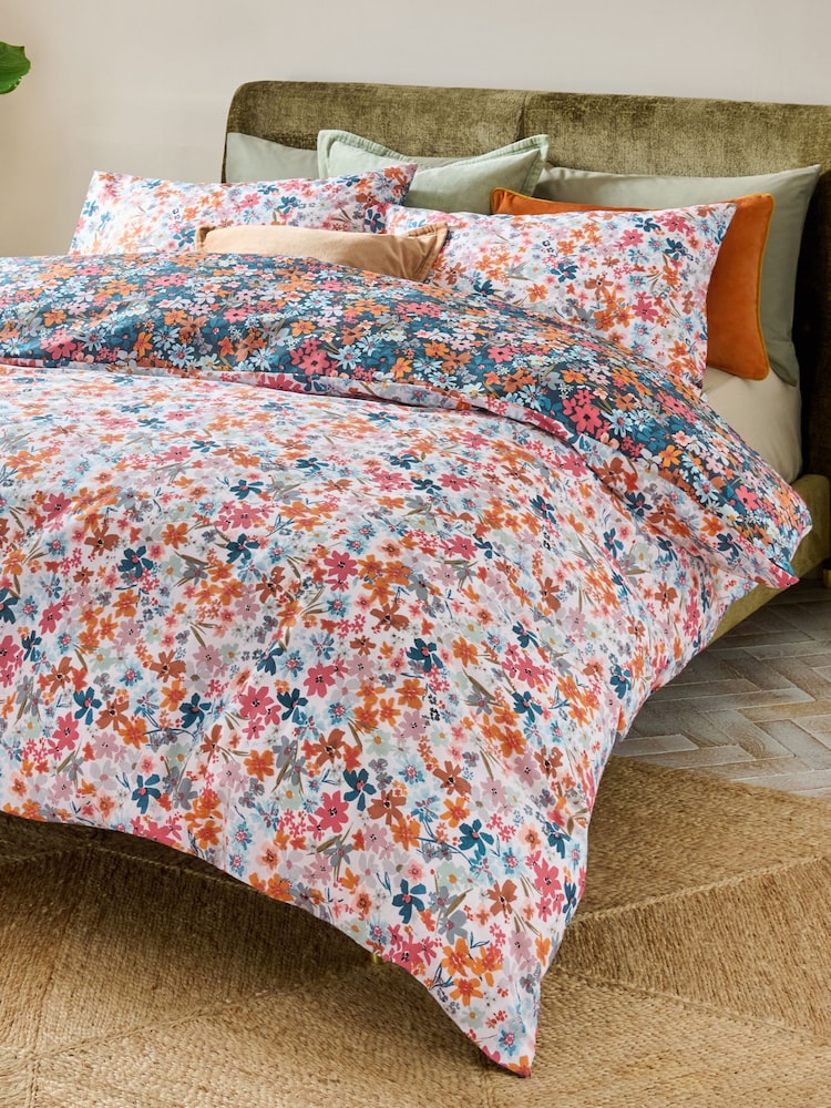 White/Blue Floral 100% Cotton Reversible Printed Duvet Cover and Pillowcase Set - Image 1 of 6