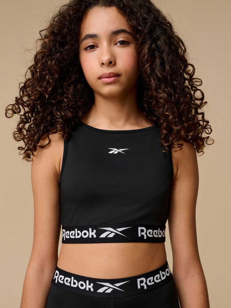 Reebok Girls Logo Tape Black Crop Top - Image 1 of 8
