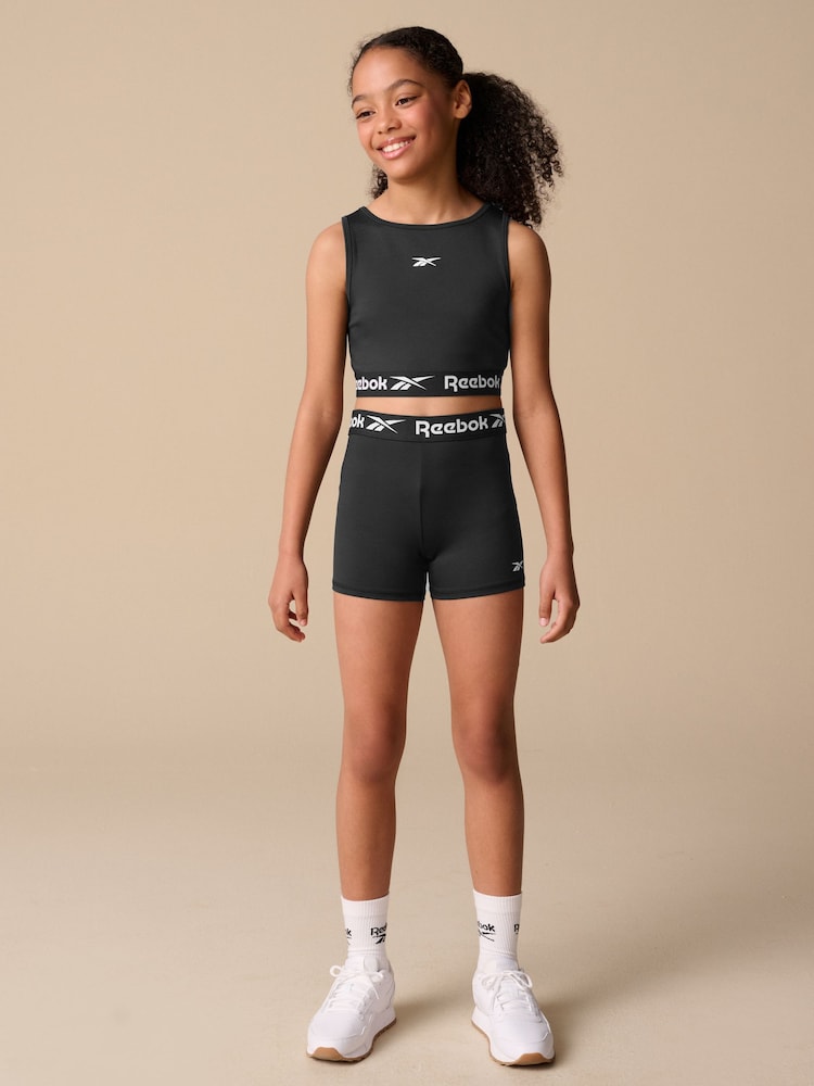 Reebok Girls Logo Tape Black Shorts - Image 2 of 10 Reebok Girls Logo Tape Black Shorts - Image 2 of 10