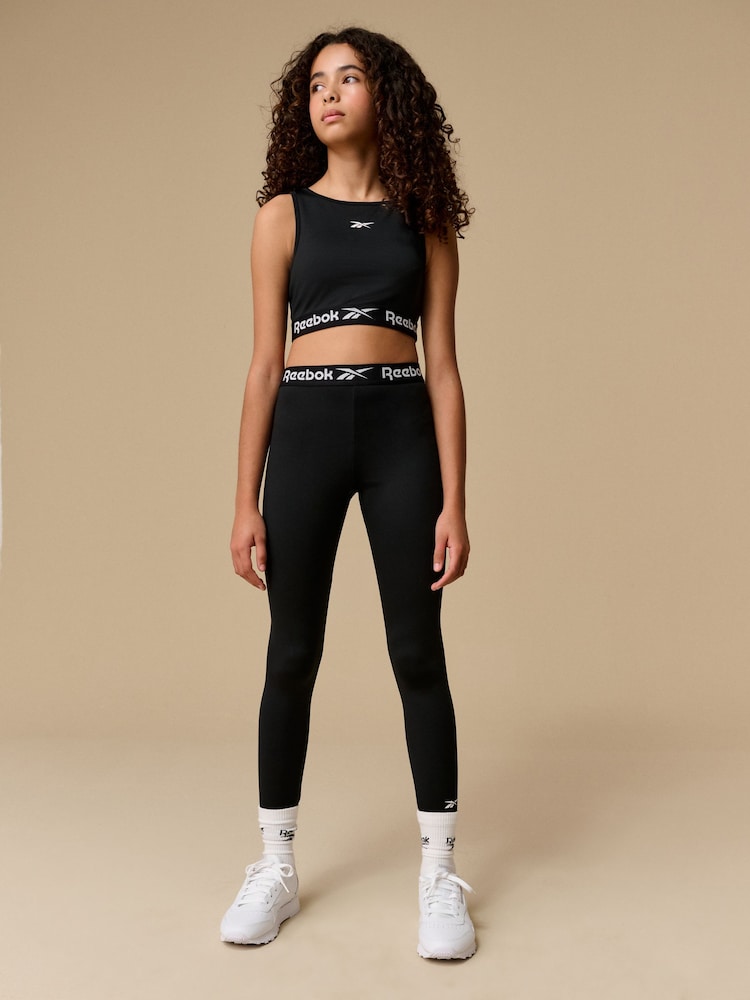 Reebok Girls Logo Tape High Waist Black Leggings - Image 2 of 9