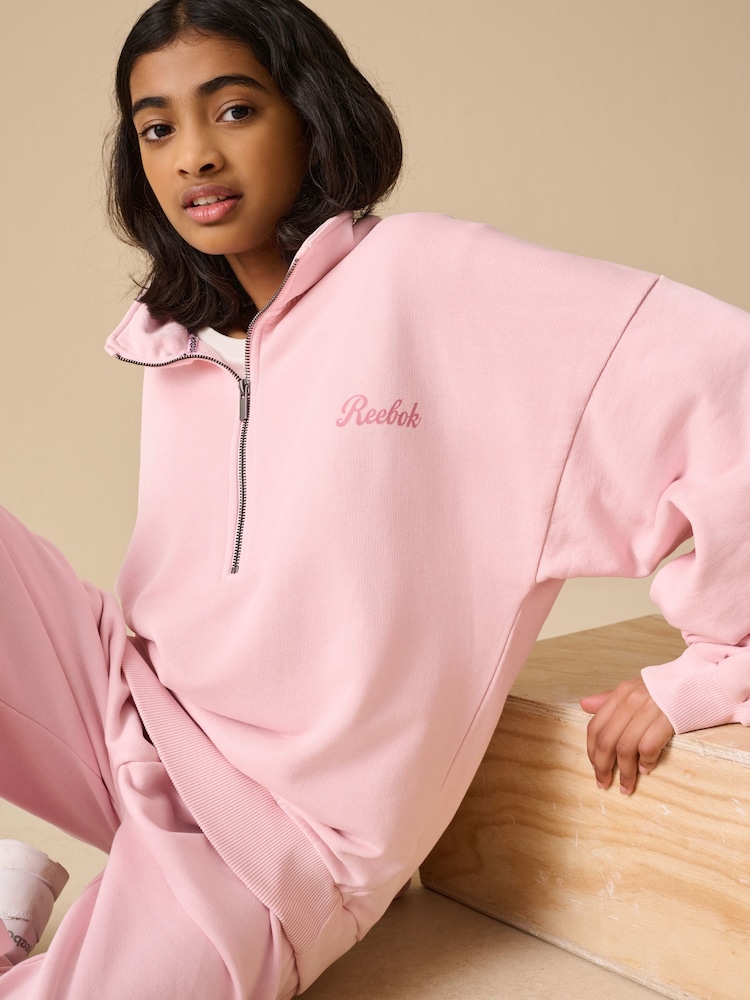 Reebok Girls Oversized Washed Pink Funnel Neck Half Zip 100% Cotton Sweatshirt - Image 2 of 7