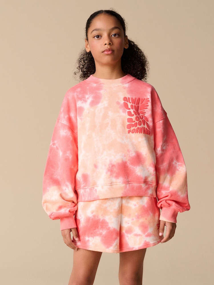Reebok Girls Coral Pink Tie Dye Graphic Cropped 100% Cotton Sweatshirt and Shorts Set - Image 1 of 15