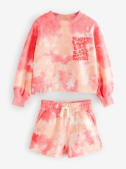 Reebok Girls Coral Pink Tie Dye Graphic Cropped 100% Cotton Sweatshirt and Shorts Set - Image 12 of 15
