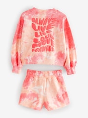 Reebok Girls Coral Pink Tie Dye Graphic Cropped 100% Cotton Sweatshirt and Shorts Set - Image 13 of 15
