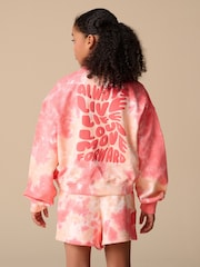 Reebok Girls Coral Pink Tie Dye Graphic Cropped 100% Cotton Sweatshirt and Shorts Set - Image 2 of 15