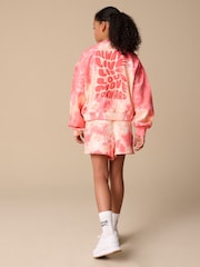 Reebok Girls Coral Pink Tie Dye Graphic Cropped 100% Cotton Sweatshirt and Shorts Set - Image 3 of 15