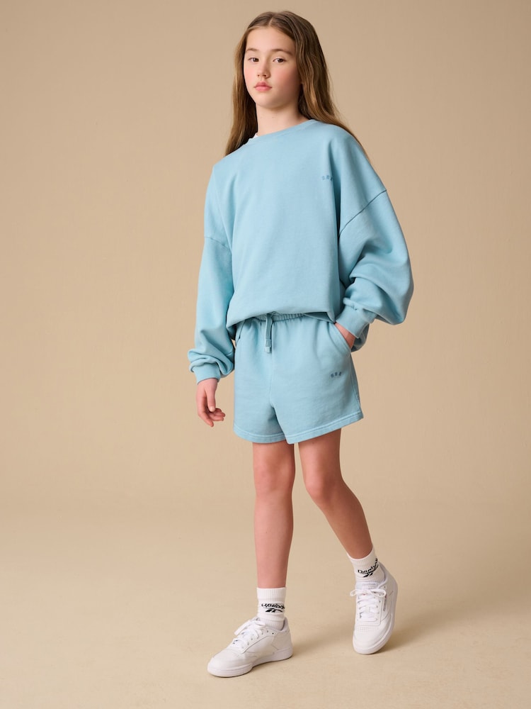 Reebok Girls Washed Light Blue Graphic 100% Cotton Sweatshirt and Shorts Set - Image 2 of 12