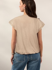 Neutral Short Sleeve Lace V-Neck Bubblehem 100% Cotton Top - Image 2 of 6