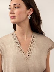 Neutral Short Sleeve Lace V-Neck Bubblehem 100% Cotton Top - Image 3 of 6